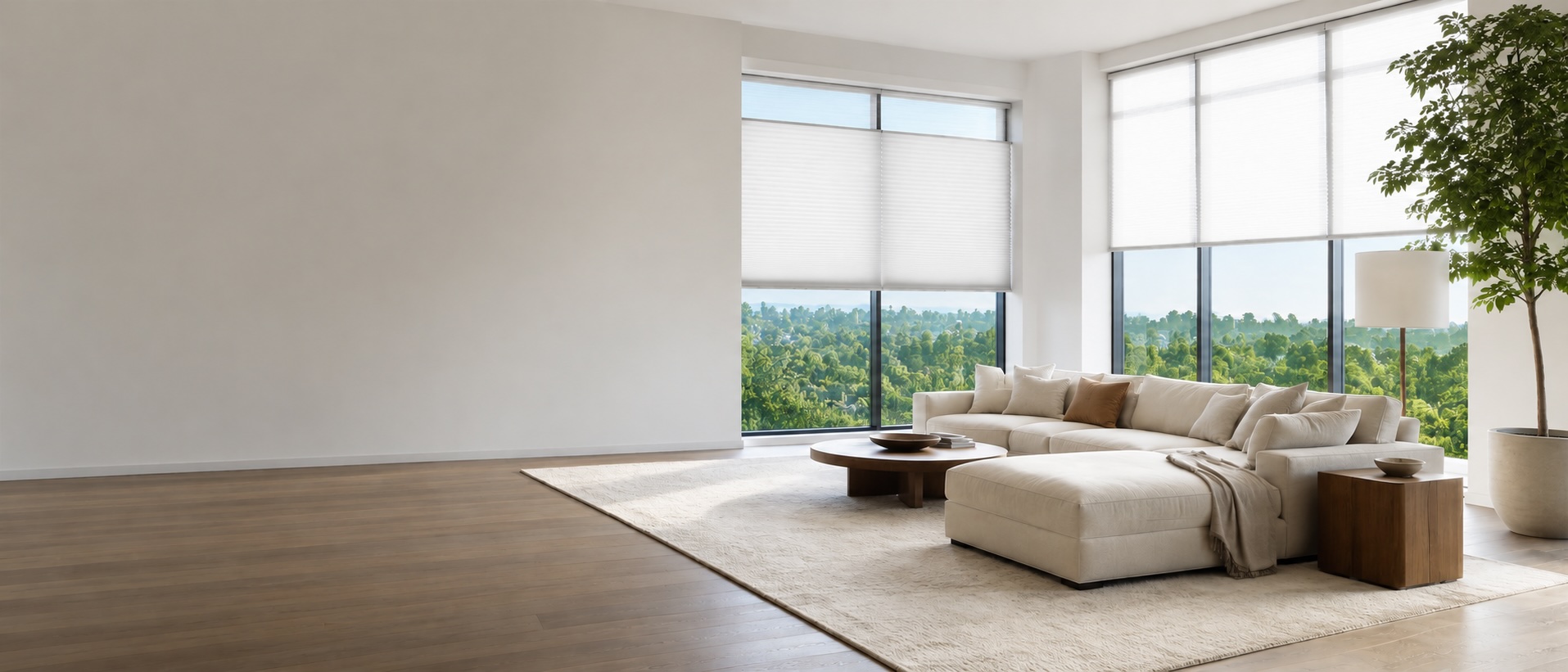 Modern living room in Vaughan featuring custom Hunter Douglas window shades by Centurian Window Fashions
